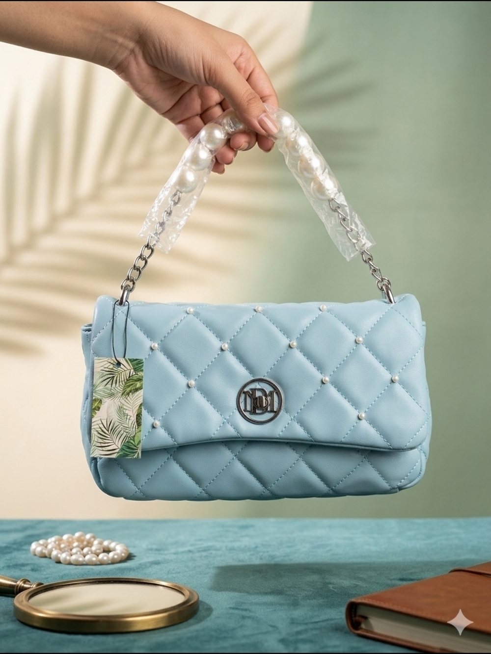 Badgley Mischka Light Blue Round Letter Lock Pearl Crossbody Bag NWT